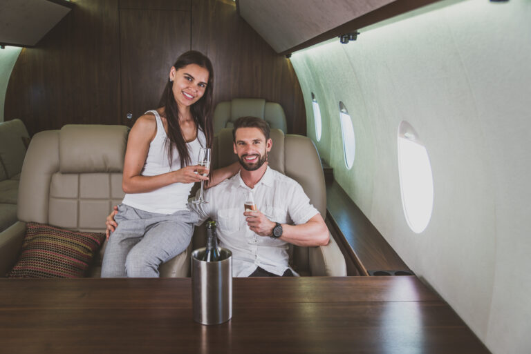 Couple on vacation, flying on their private jet